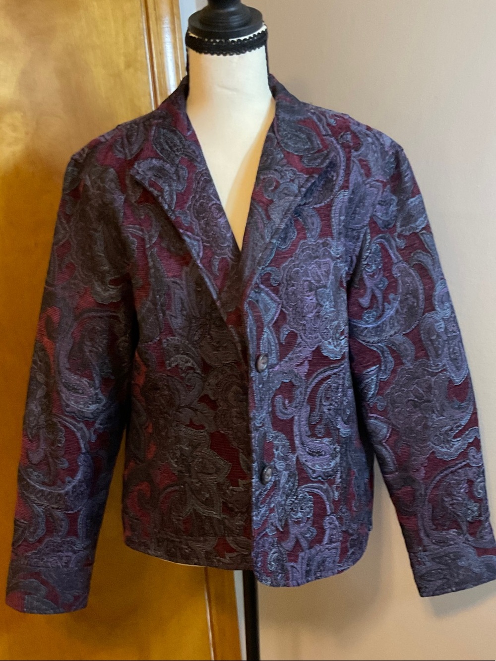Coldwater Creek Burgundy and Blue Paisley Jacquard Blazer